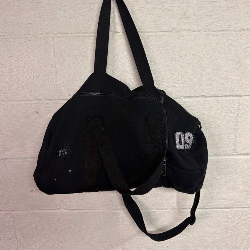 Madden Girl Black Canvas Duffel Bag NYC 09 Glitter Patch Gym Travel Weekender